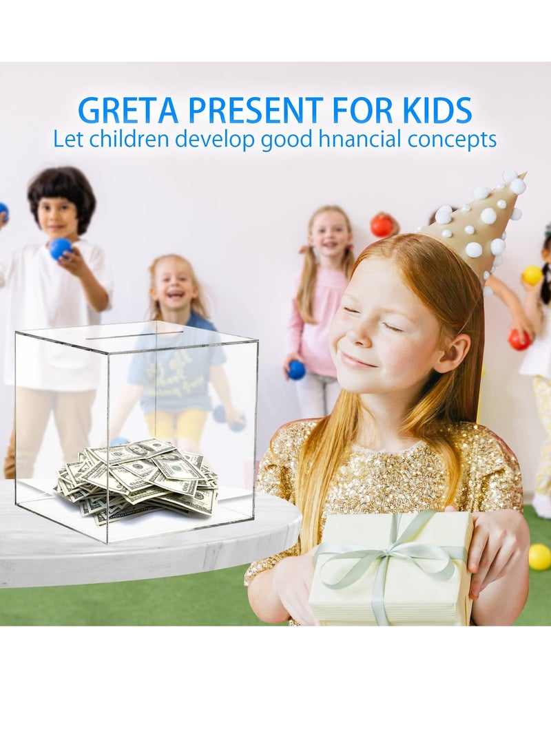 حصالة نقود أكريليك شفافة للبالغين والأطفال، صندوق توفير عملات غير قابل الفتح، وعاء نقدي شفاف 7''× 7''× 7'' - Image 3
