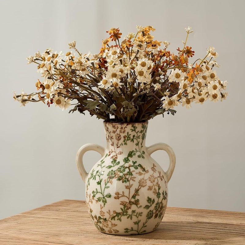 SIDUCAL Ceramic Green and Beige Retro Vase with Handles, 7 Inch Ice Cracked Vintage Pastoral Vase, Rustic Farmhouse Vases for Home Decor, Table, Living Room, Shelf Decor, Chinoiserie Decor - Image 1