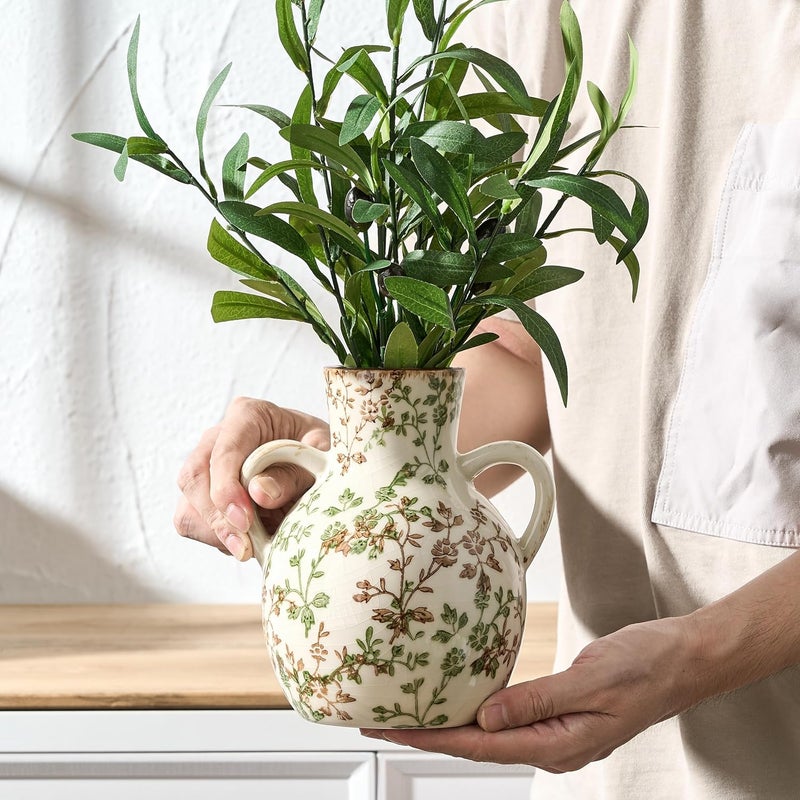 SIDUCAL Ceramic Green and Beige Retro Vase with Handles, 7 Inch Ice Cracked Vintage Pastoral Vase, Rustic Farmhouse Vases for Home Decor, Table, Living Room, Shelf Decor, Chinoiserie Decor - Image 4