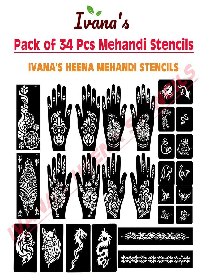 إيفاناز مجموعة إيفانا المكونة من 34 قطعة من قوالب الحناء القابلة لإعادة الاستخدام لليدين والمعصمين والجسم والظهر والرقبة والوجه، عبوة كومبو من القوالب للنساء والفتيات والأطفال، سهلة الاستخدام في 4 خطوات فقط، مجموعة تصميم هندي، A2065 - Image 3
