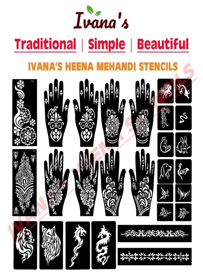 إيفاناز مجموعة إيفانا المكونة من 34 قطعة من قوالب الحناء القابلة لإعادة الاستخدام لليدين والمعصمين والجسم والظهر والرقبة والوجه، عبوة كومبو من القوالب للنساء والفتيات والأطفال، سهلة الاستخدام في 4 خطوات فقط، مجموعة تصميم هندي، A2065 - Image 5