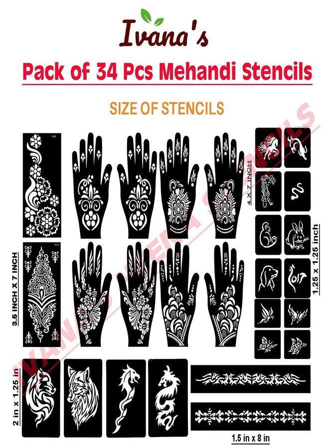 إيفاناز مجموعة إيفانا المكونة من 34 قطعة من قوالب الحناء القابلة لإعادة الاستخدام لليدين والمعصمين والجسم والظهر والرقبة والوجه، عبوة كومبو من القوالب للنساء والفتيات والأطفال، سهلة الاستخدام في 4 خطوات فقط، مجموعة تصميم هندي، A2065 - Image 4
