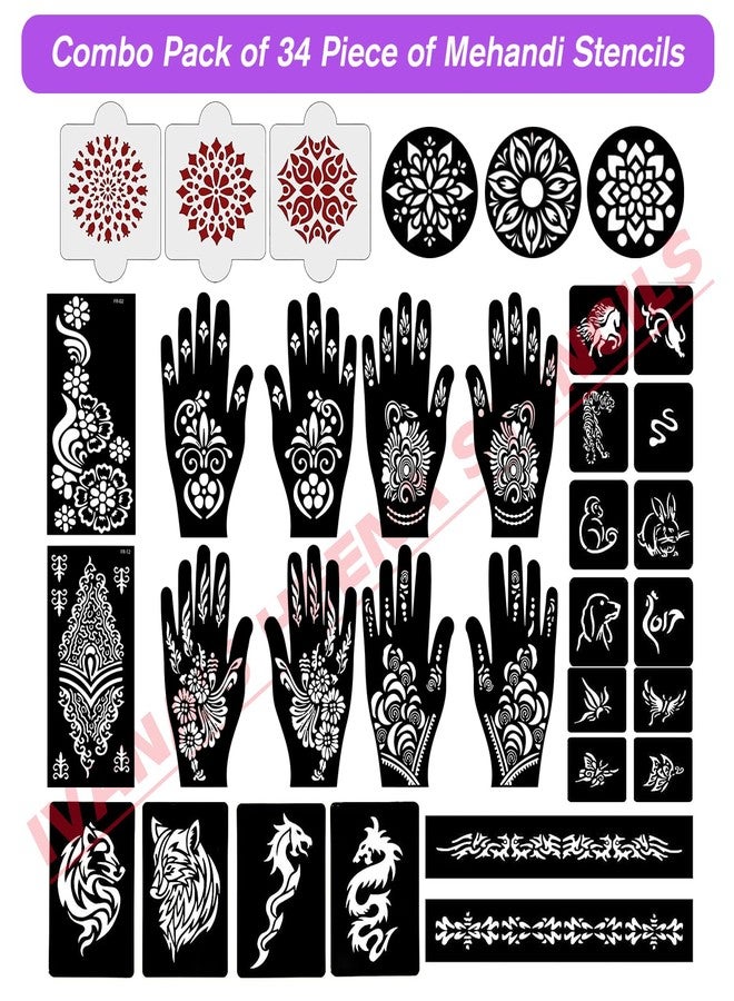 إيفاناز مجموعة إيفانا المكونة من 34 قطعة من قوالب الحناء القابلة لإعادة الاستخدام لليدين والمعصمين والجسم والظهر والرقبة والوجه، عبوة كومبو من القوالب للنساء والفتيات والأطفال، سهلة الاستخدام في 4 خطوات فقط، مجموعة تصميم هندي، A2065 - Image 2