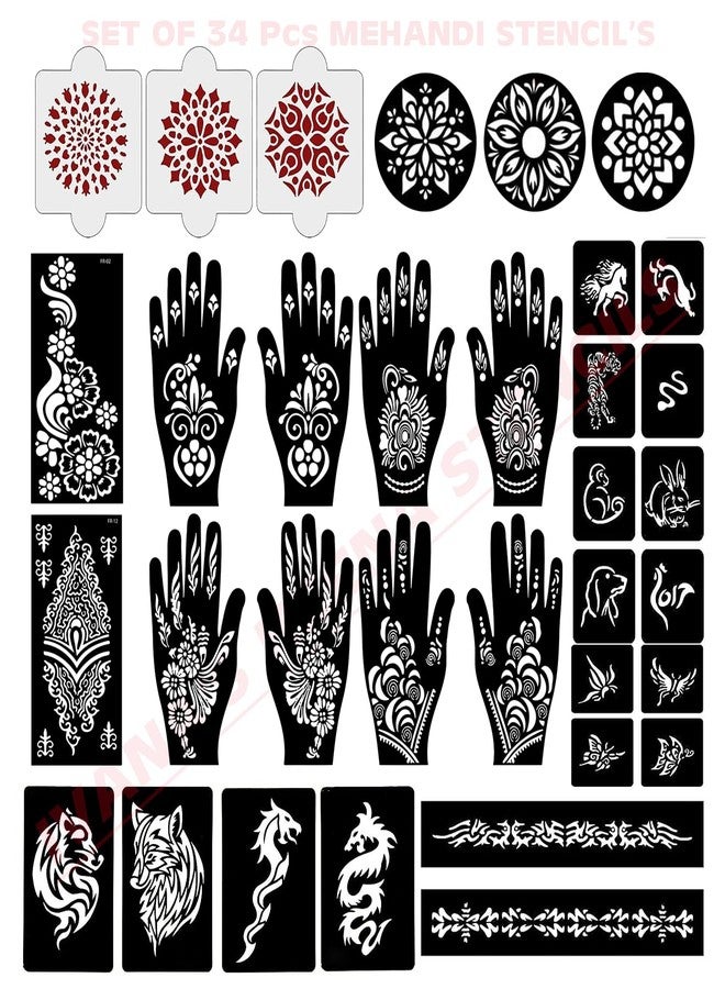 إيفاناز مجموعة إيفانا المكونة من 34 قطعة من قوالب الحناء القابلة لإعادة الاستخدام لليدين والمعصمين والجسم والظهر والرقبة والوجه، عبوة كومبو من القوالب للنساء والفتيات والأطفال، سهلة الاستخدام في 4 خطوات فقط، مجموعة تصميم هندي، A2065 - Image 1