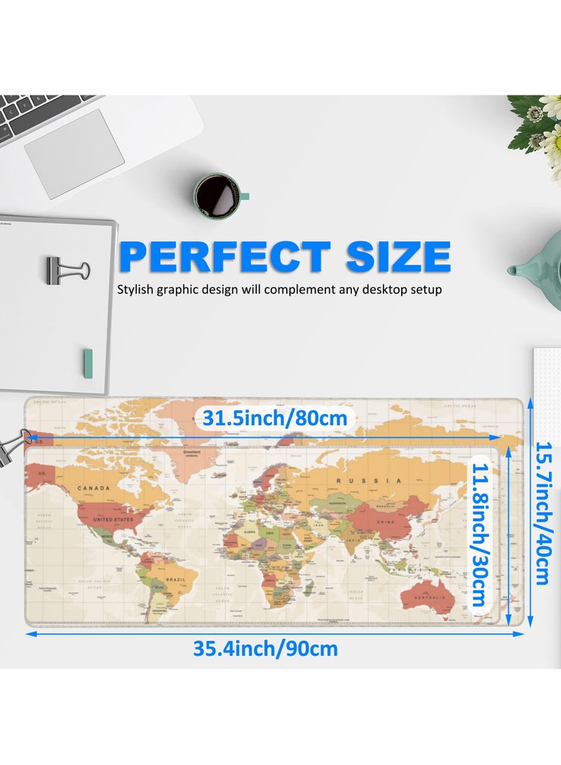 erorex Desk Mat, Yellow Vintage World Map Extended Gaming Mouse Pad Large, 35.4"x15.7" Big Mouse Pad with Non-Slip Base and Stitched Edge, Long Computer Keyboard Mouse Mat for Home Office Work - Image 2