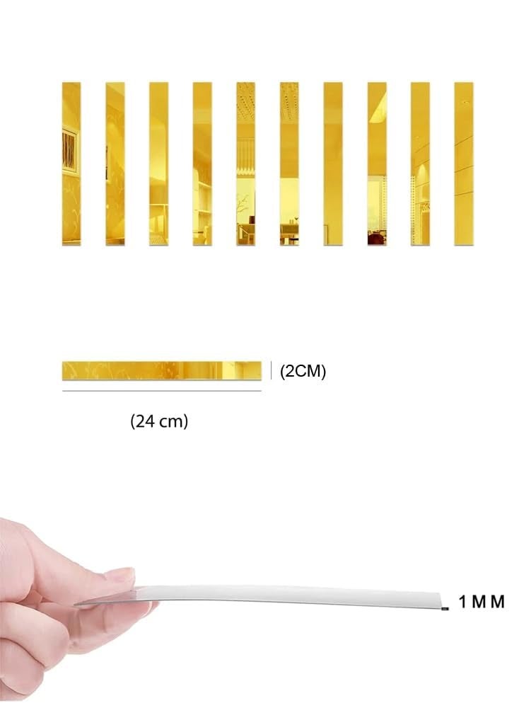 Bikri Kendra - Strip Designed Rectangle Shape Mirror Stickers for Wall, Acrylic Mirror Wall Decor Sticker, Wall Stickers for Hall Room (Gold_Strip, 10) - Image 2