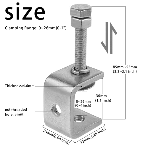 ZOWZEA 6 Pack 304 Stainless Steel Small C Clamps 1 Inch Mini C-Clamps Heavy Duty for Woodworking and Welding Mounting (30mm) - Image 2