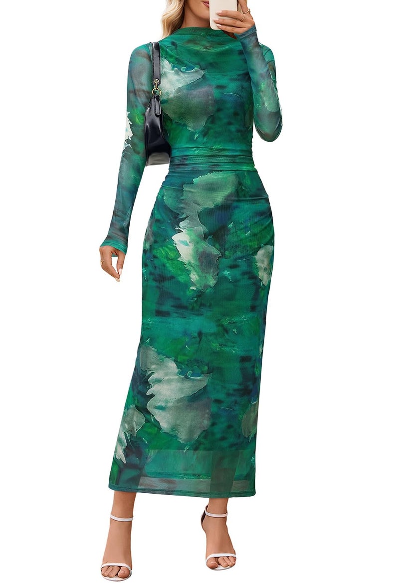 MEROKEETY Womens Long Sleeve Fall Wedding Guest Dress 2025 Bodycon Floral Mesh Ruched Cocktail Maxi Dresses Green XL