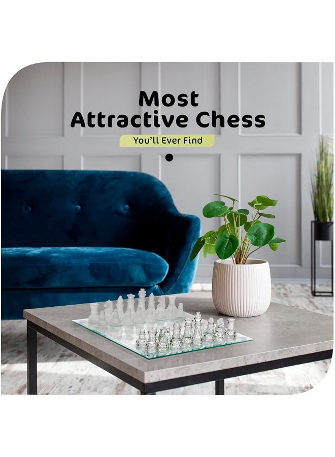 Srenta Fine Glass Chess Set Game, Modern Clear Chess Set, Deluxe Chess Set Glass Chess Board Set with Solid Clear & Frosted Chess Glass Pieces | 9.7â€™â€™ Crystal Chess Boards Sets, Felt Padding Included - Image 1