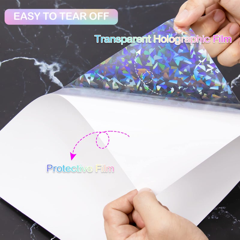 Cosrk 36 Sheets Holographic Laminate Sheets Clear Holographic Sticker Paper Self Adhesive Laminating Sheets Transparent Glitter Waterproof Vinyl Film for Sticker Paper, 8.5 x 11 inch Gem Patterns - Image 2