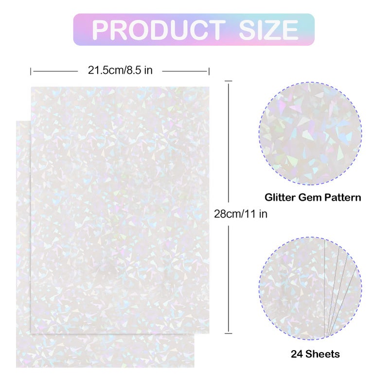 Cosrk 36 Sheets Holographic Laminate Sheets Clear Holographic Sticker Paper Self Adhesive Laminating Sheets Transparent Glitter Waterproof Vinyl Film for Sticker Paper, 8.5 x 11 inch Gem Patterns - Image 3