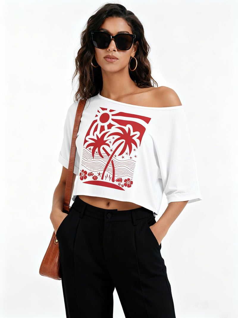 Kistore Womens Off Shoulder Crop Tops Asymmetrical Short Sleeve Loose T Shirt Casual Graphic Tee Coconut Tree Print XXL - Image 4