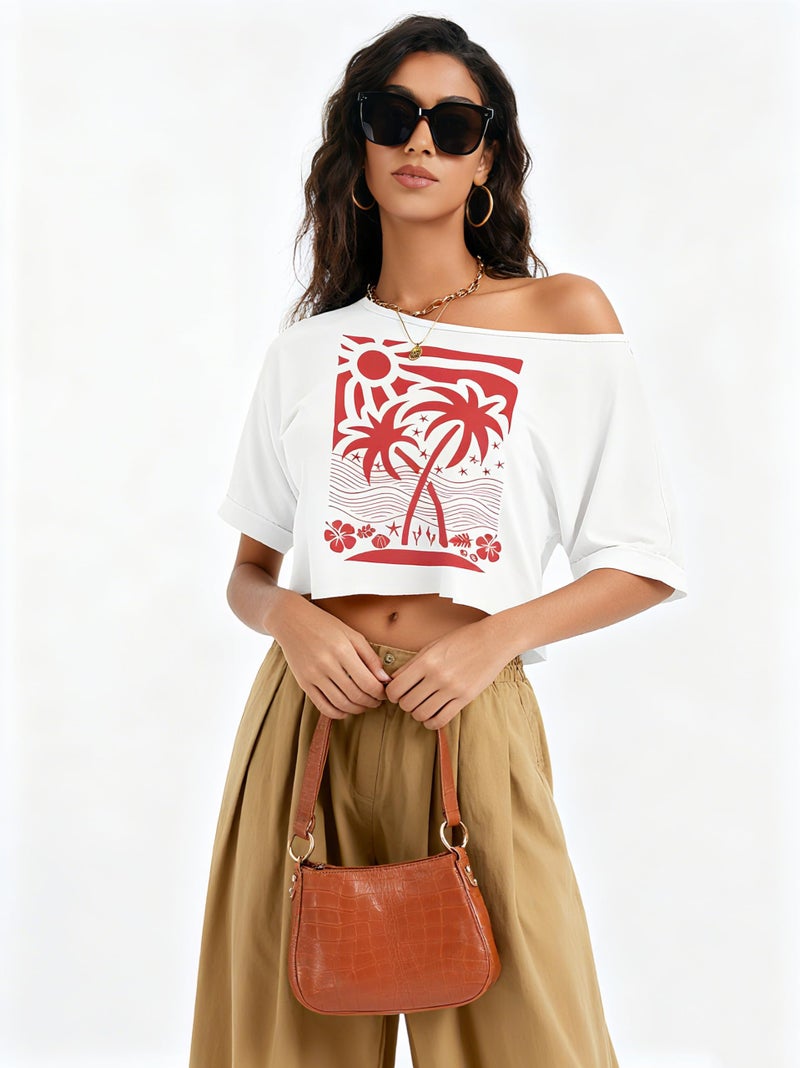 Kistore Womens Off Shoulder Crop Tops Asymmetrical Short Sleeve Loose T Shirt Casual Graphic Tee Coconut Tree Print XXL - Image 5
