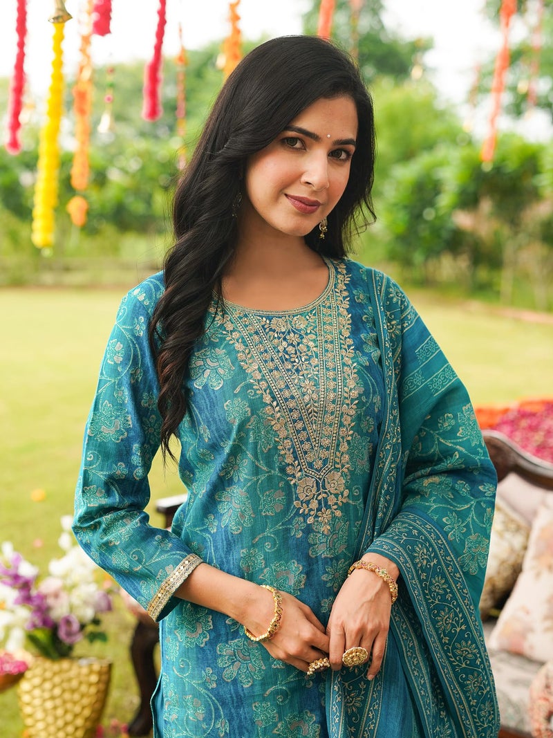 Vaamsi Women's Blue Viscose Rayon Embroidered Straight Solid Kurta Trousers With Dupatta Set | Fusion Straight Kurta Set For Women | Solid Salwar Suit For Women (PKSKD3057, L) - Image 2