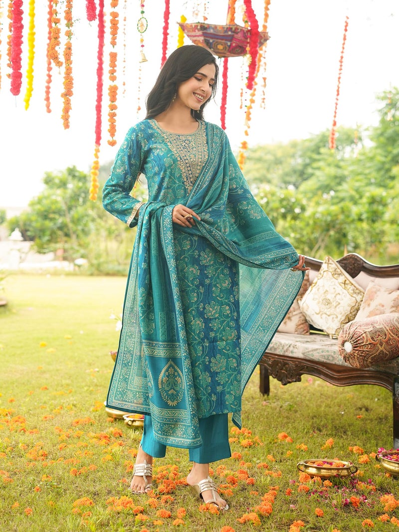 Vaamsi Women's Blue Viscose Rayon Embroidered Straight Solid Kurta Trousers With Dupatta Set | Fusion Straight Kurta Set For Women | Solid Salwar Suit For Women (PKSKD3057, L) - Image 5