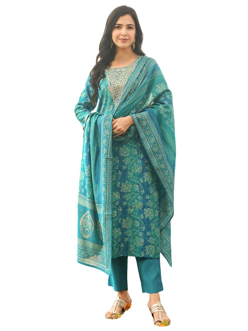 Vaamsi Women's Blue Viscose Rayon Embroidered Straight Solid Kurta Trousers With Dupatta Set | Fusion Straight Kurta Set For Women | Solid Salwar Suit For Women (PKSKD3057, L) - Image 1