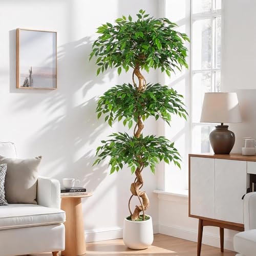 Keeplush 6ft Large Ficus Artificial Trees in White Pot 72 Tall Fake Silk Tree with Natural Curved Trunk Lush Faux Ficus Tree for Indoor Home Decor Living Room Office Patio - Image 1