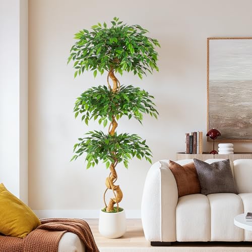 Keeplush 6ft Large Ficus Artificial Trees in White Pot 72 Tall Fake Silk Tree with Natural Curved Trunk Lush Faux Ficus Tree for Indoor Home Decor Living Room Office Patio - Image 3
