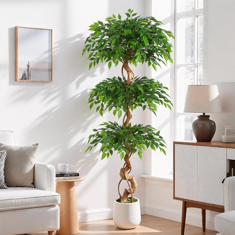 Keeplush 6ft Large Ficus Artificial Trees in White Pot 72 Tall Fake Silk Tree with Natural Curved Trunk Lush Faux Ficus Tree for Indoor Home Decor Living Room Office Patio - Image 2