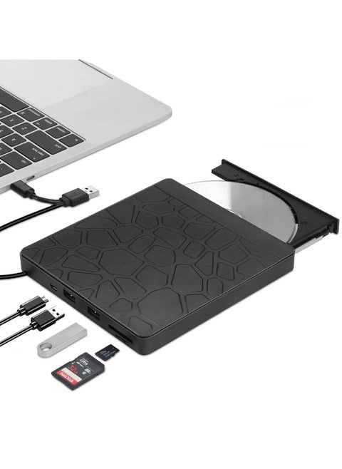 محرك أقراص DVD خارجي للكمبيوتر المحمول، محرك أقراص بصري USB 3.0 Type-C CD DVD +/-RW، قارئ أقراص مضغوطة/DVD ROM محمول مع فتحتين للبطاقات و3 منافذ USB، لأجهزة الكمبيوتر المكتبية بنظام التشغيل Windows 10/8/7 Linux OS Apple