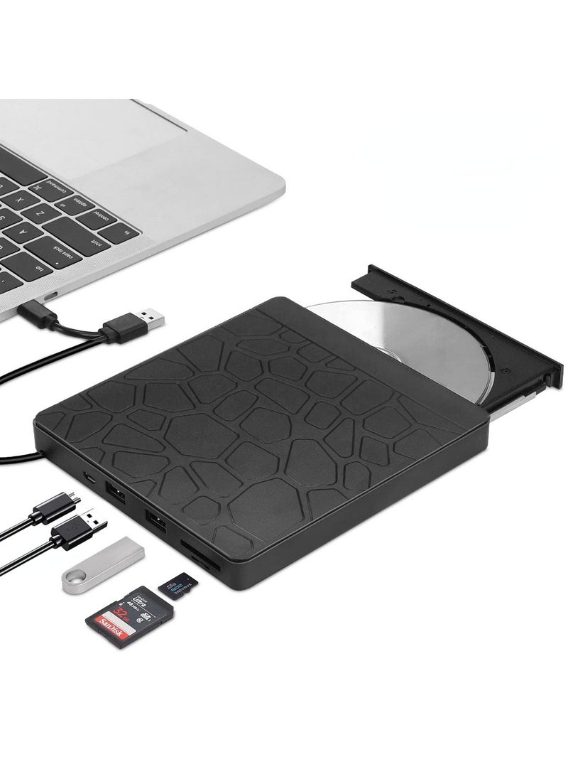 KASTWAVE External DVD Drive for Laptop, USB 3.0 Type-C CD DVD +/-RW Burner Optical Disk Drive, Portable CD/DVD ROM Writer Reader with 2 Card Slot& 3 USB Port, for Desktop Windows 10/8/7 Linux OS Apple  - Image 1