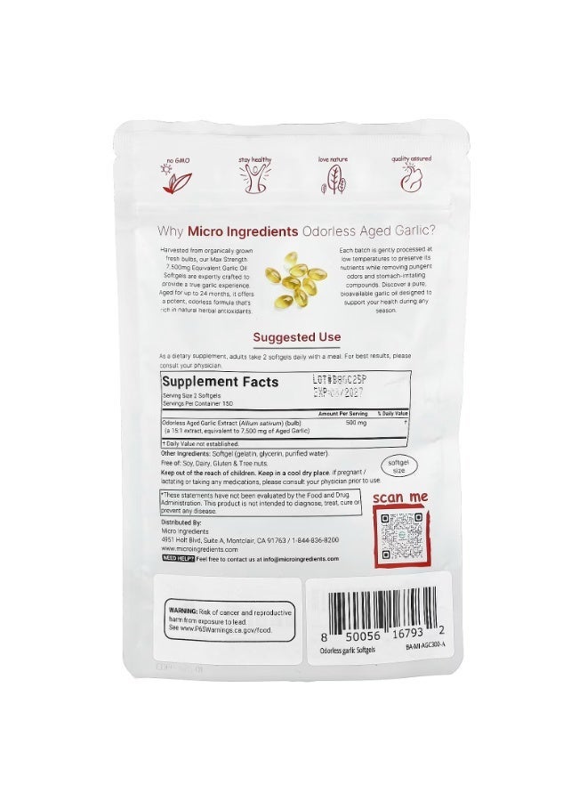 Micro Ingredients, Odorless Aged Garlic Extract, 300 Softgels (250 mg per Softgel) - Image 3