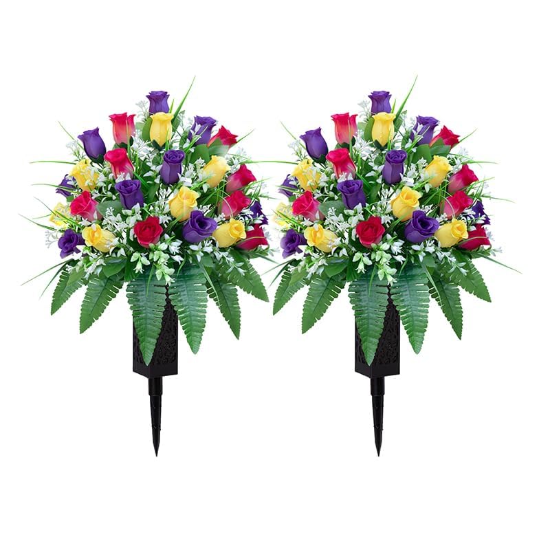 LVXINLI Artificial Cemetery Flowers, Gravesite Decoration Roses, Memorial Bouquets with Cemetery Vase, Vibrant and Long-Lasting Colors (Yellow+Purple+Brilliant Red, 2 Bundles) - Image 2