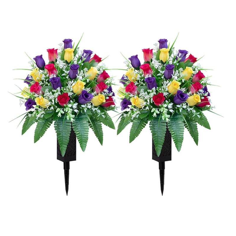 LVXINLI Artificial Cemetery Flowers, Gravesite Decoration Roses, Memorial Bouquets with Cemetery Vase, Vibrant and Long-Lasting Colors (Yellow+Purple+Brilliant Red, 2 Bundles) - Image 1