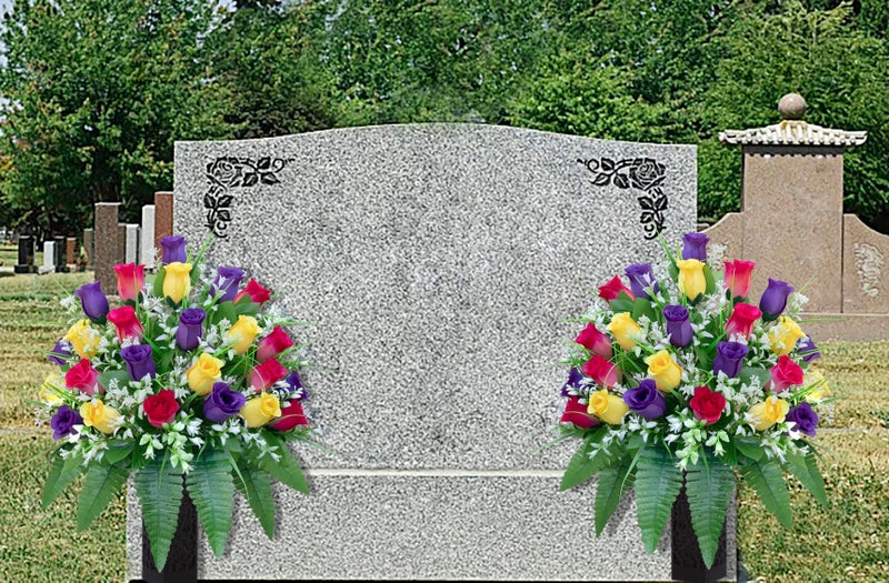 LVXINLI Artificial Cemetery Flowers, Gravesite Decoration Roses, Memorial Bouquets with Cemetery Vase, Vibrant and Long-Lasting Colors (Yellow+Purple+Brilliant Red, 2 Bundles) - Image 4