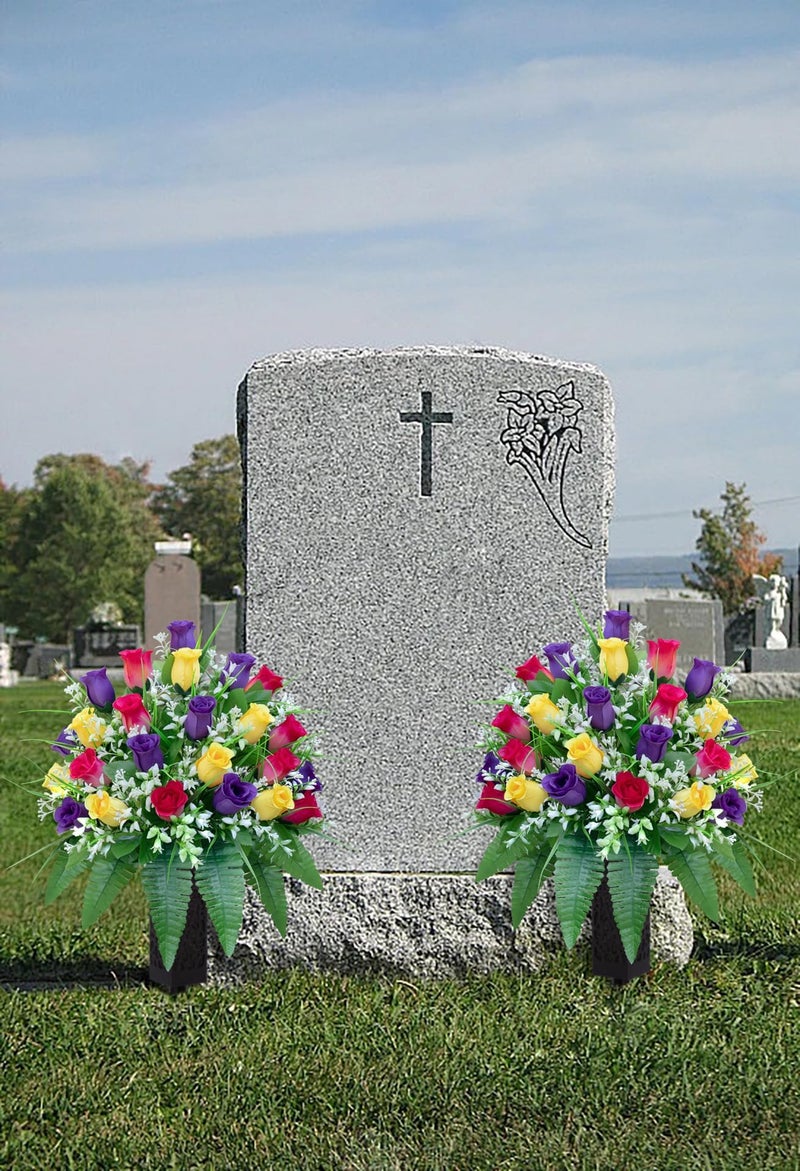 LVXINLI Artificial Cemetery Flowers, Gravesite Decoration Roses, Memorial Bouquets with Cemetery Vase, Vibrant and Long-Lasting Colors (Yellow+Purple+Brilliant Red, 2 Bundles) - Image 5