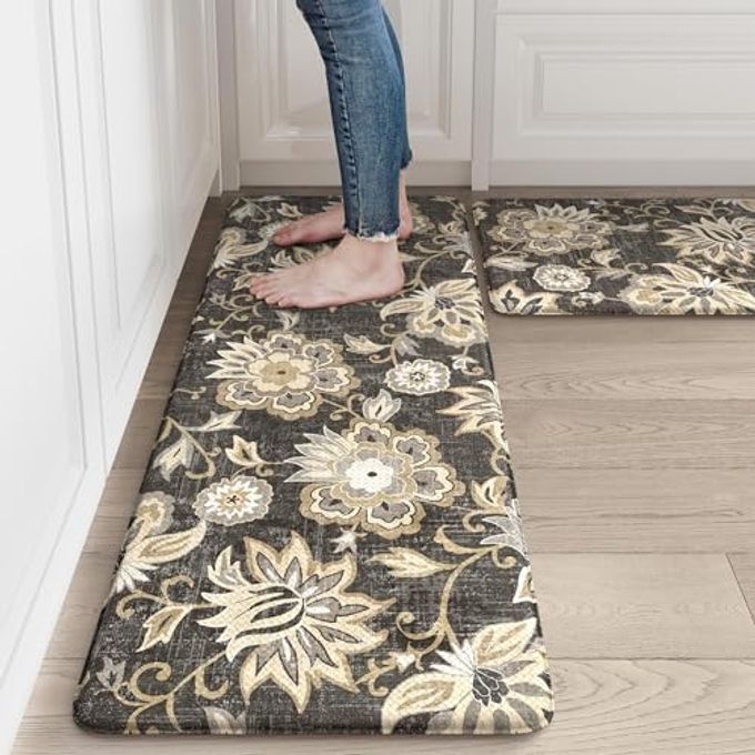 LEEVAN Anti Fatigue Mats for Kitchen Floor 2 Piece,Cushioned Memory Foam Black Kitchen Mats for Floor,Comfort Floral Boho Non Slip Kitchen Floor Mat for Sink,Laundry,Office(17''x29''+17''x47'')
