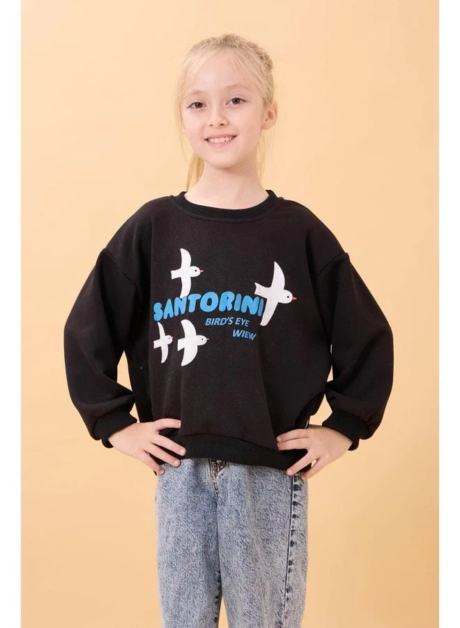 Perendi Girl Oversize Santorini Printed Seasonal Sweatshirt Black