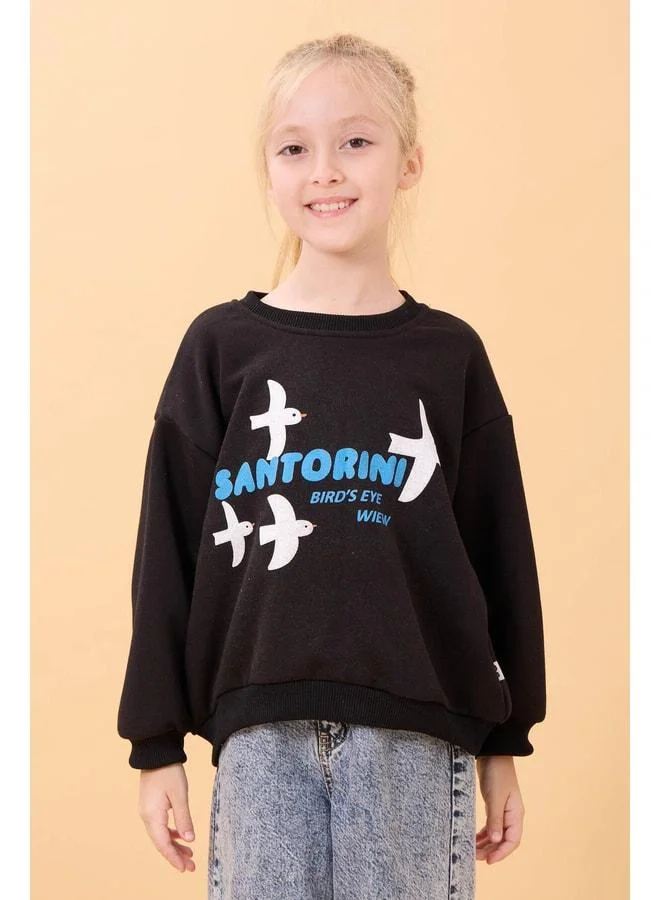 Perendi Girl Oversize Santorini Printed Seasonal Sweatshirt Black