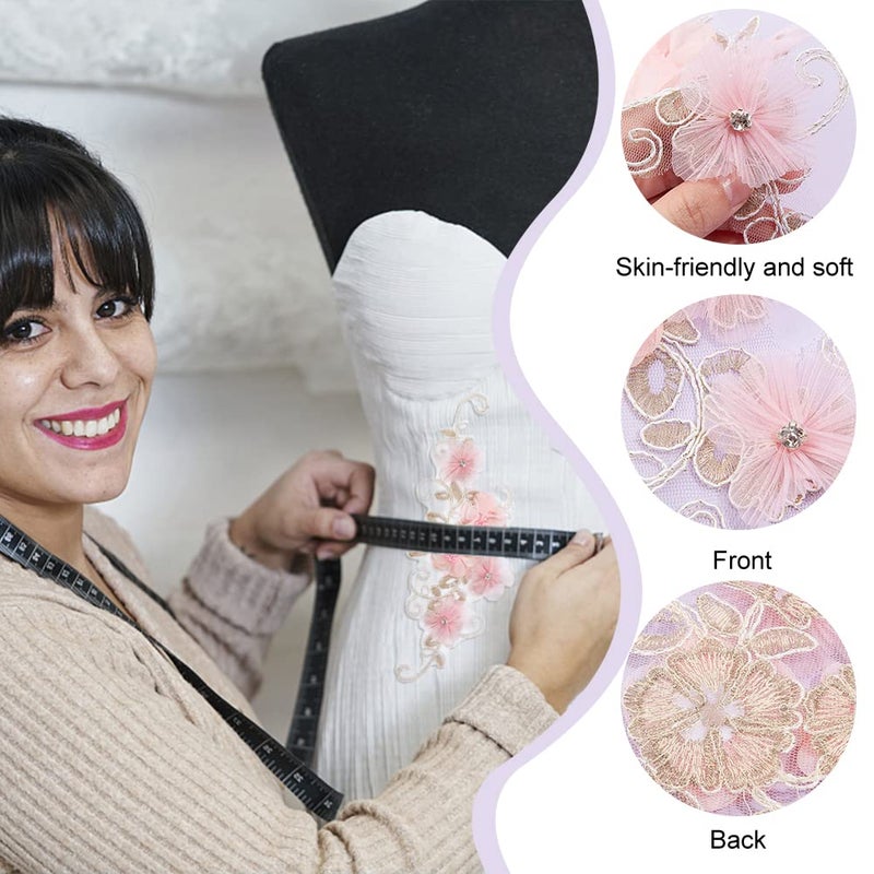 NBEADS 2 Pcs 3D Flower Lace Applique with Rhinestone, Pink Flower Lace Patches Floral Embroidered Appliques Ornaments Sew on Patches for DIY Clothing Wedding Dressing Decoration - Image 5