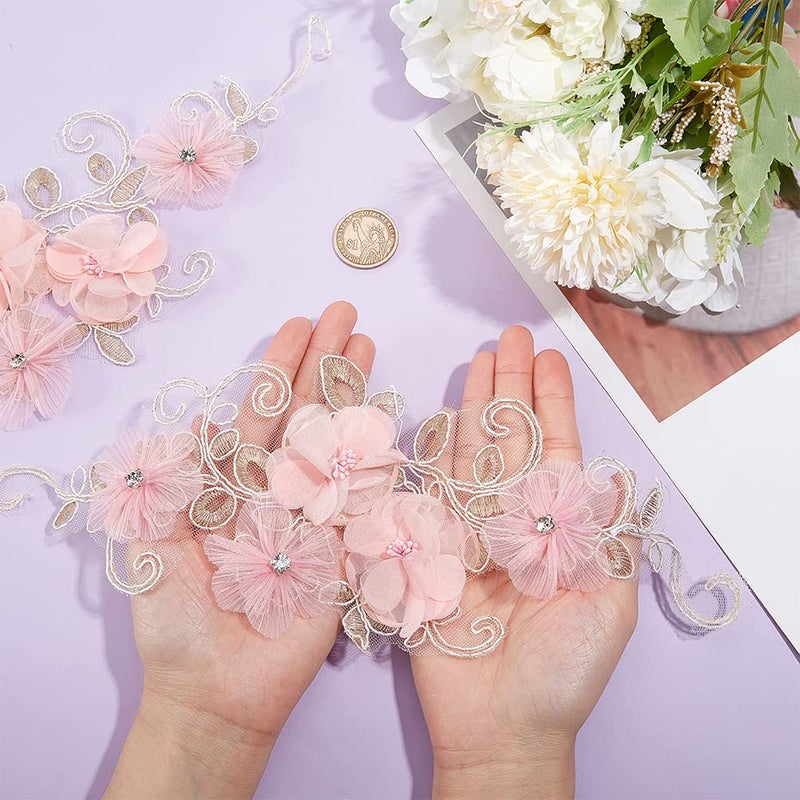 NBEADS 2 Pcs 3D Flower Lace Applique with Rhinestone, Pink Flower Lace Patches Floral Embroidered Appliques Ornaments Sew on Patches for DIY Clothing Wedding Dressing Decoration - Image 3