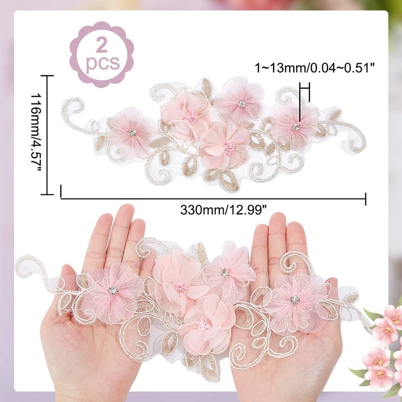 NBEADS 2 Pcs 3D Flower Lace Applique with Rhinestone, Pink Flower Lace Patches Floral Embroidered Appliques Ornaments Sew on Patches for DIY Clothing Wedding Dressing Decoration - Image 2