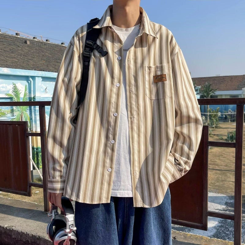 Striped shirt men's spring Japanese-style silhouette cityboy trendy shirt high-end sense rogue handsome loose casual jacket - Image 3