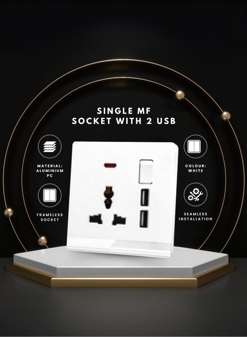 Vmax Universal Wall Socket Single MF 3x3 Inch White Neon Light with Dual USB Charging Ports Home Office Power Socket Safe Convenient Charging - Image 1