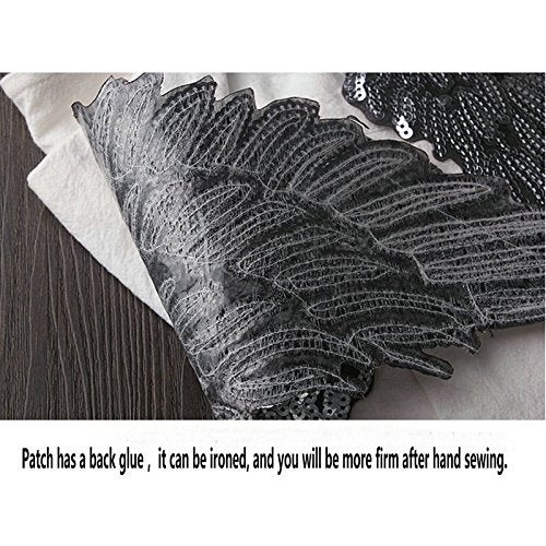 FEEPOP 1 Pairs Black Sequin Wings Sew On Patches Applique Stickers Cloth Patch Sewing DIY by Hand Accessories(13.5X7.08 inch) - Image 2