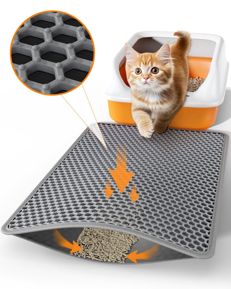 Powools Cat Litter Mat - 23.2" x 14.6" Small Litter Box Mat with Double Layers, Urine-Proof and Non-Slip Litter Trapping Mat, Easy to Clean Kitty Litter Mats for Floor, Scatter Control, Grey - Image 1