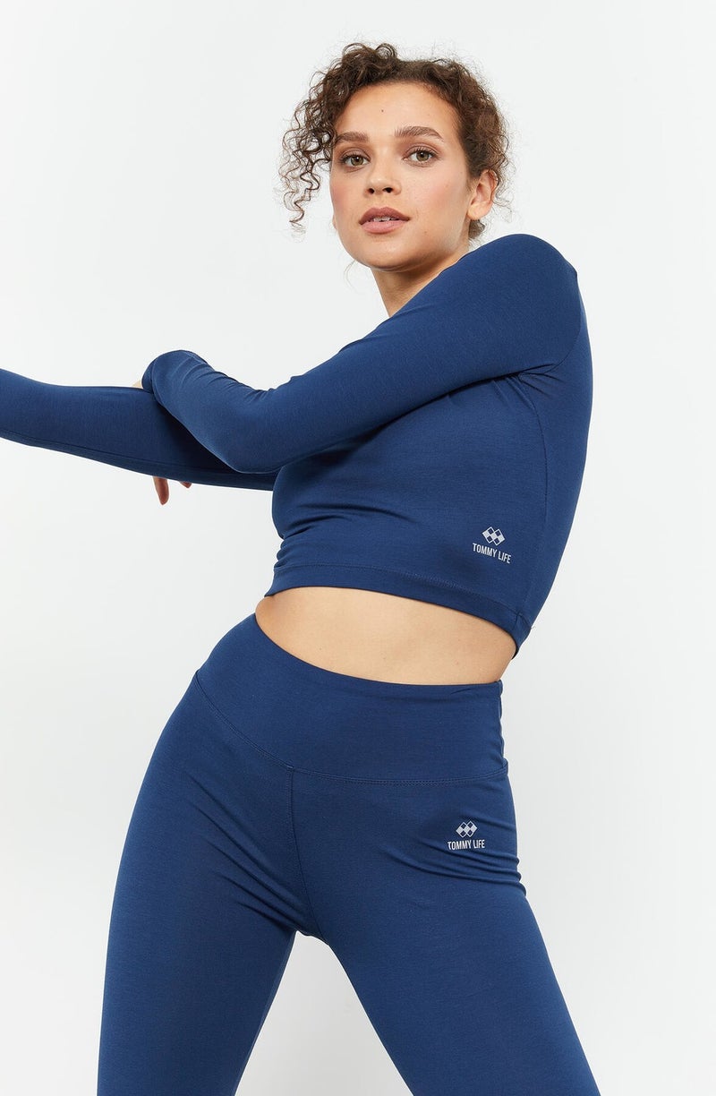 Tommy Life Indigo Women's High Waist Long Sleeve Slim Fit Crop Top Leggings Set - 95286  - Image 3
