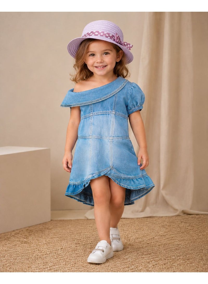 Girls' Light Denim Dress with a Trendy Ruffled Hem - Image 1