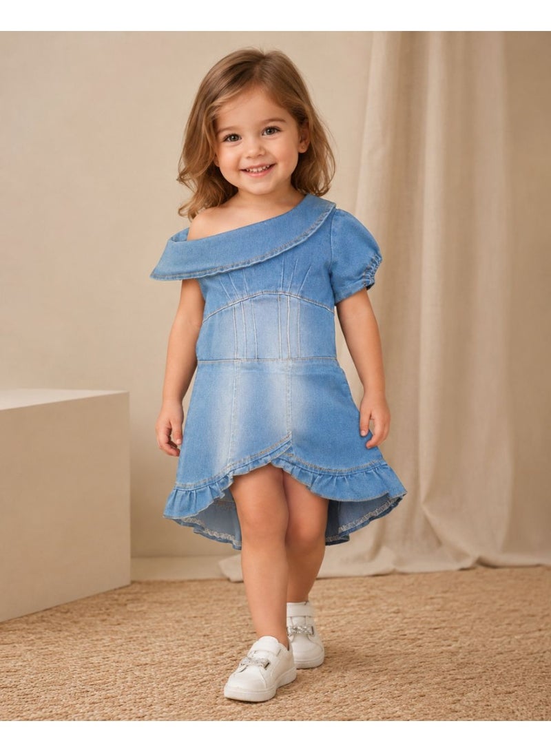 Girls' Light Denim Dress with a Trendy Ruffled Hem - Image 2