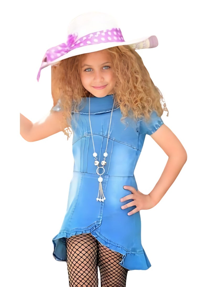 Girls' Light Denim Dress with a Trendy Ruffled Hem - Image 3