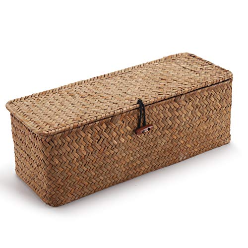 DOKOT Seagrass Woven Storage Basket with Lid, Rectangular Narrow Tampon Toilet Tank Organizer - Image 4