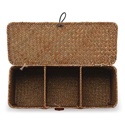DOKOT Seagrass Woven Storage Basket with Lid, Rectangular Narrow Tampon Toilet Tank Organizer - Image 2