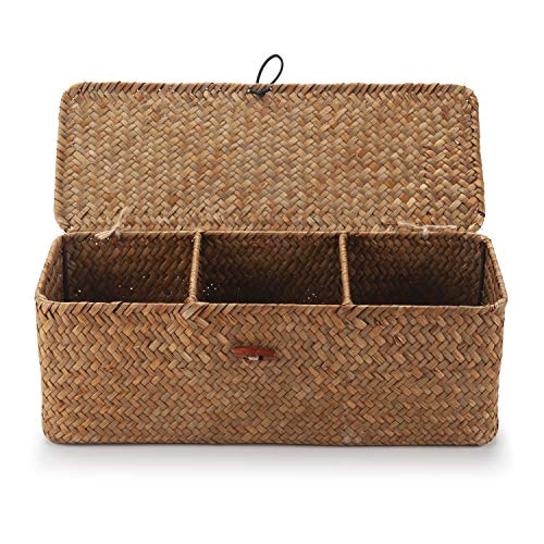 DOKOT Seagrass Woven Storage Basket with Lid, Rectangular Narrow Tampon Toilet Tank Organizer - Image 5