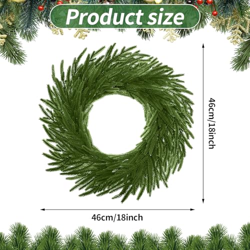 Yuefunny 18 Inch Christmas Norfolk Pine Wreath for Front Door Artificial Christmas Wreaths Faux Greenery Pine Needles Wreath for Front Door Wall Windows Porches Farmhouse Indoor Outdoor Xmas Decor - Image 3