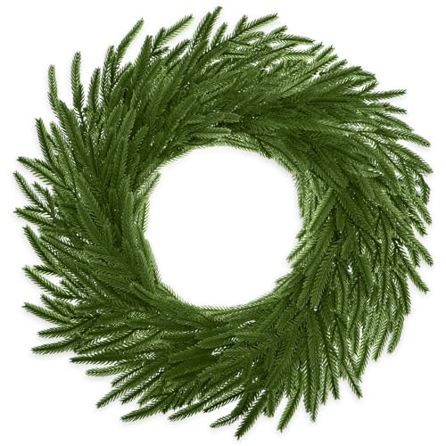 Yuefunny 18 Inch Christmas Norfolk Pine Wreath for Front Door Artificial Christmas Wreaths Faux Greenery Pine Needles Wreath for Front Door Wall Windows Porches Farmhouse Indoor Outdoor Xmas Decor - Image 1