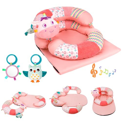 Blublu Park 3-in-1 Tummy Time Pillow and Seated Support Playmat with Detachable Early Sensory Toys for Infant, Sitting Support to Prevent Reflux, Portable Gifts for Newborn Boys and Girls (Rose) - Image 1